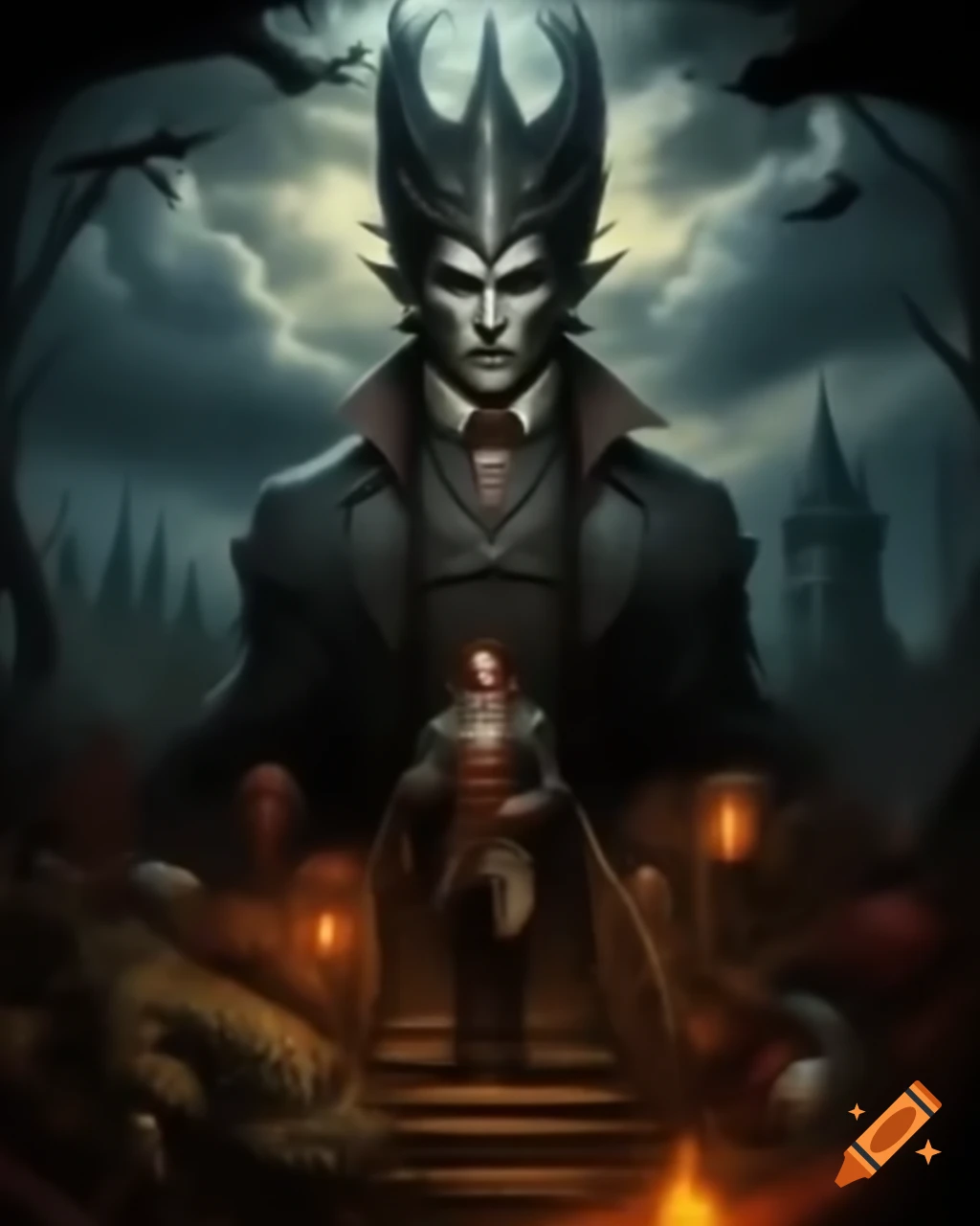 Gothic vampire tower with 1700s dressed vampire and nearby zombies
