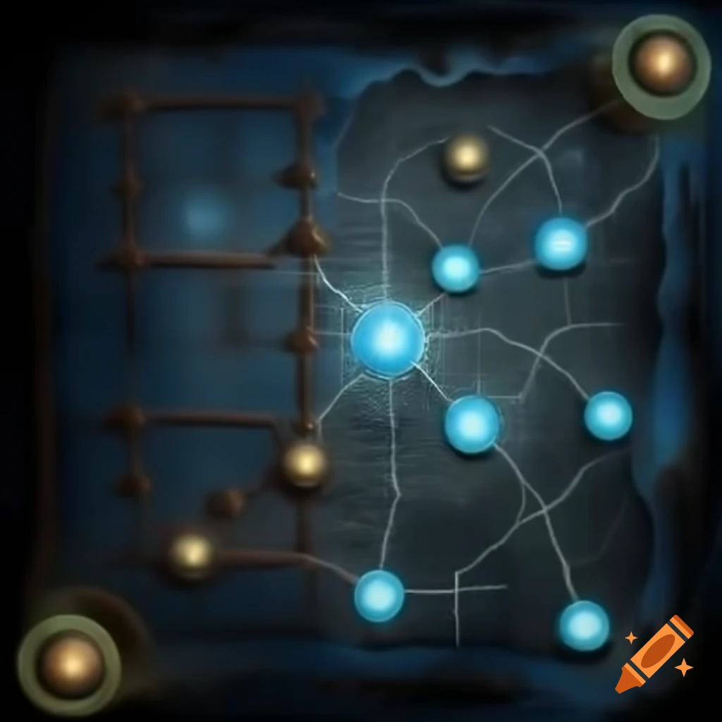Old map featuring glowing magical nodes and marked sources
