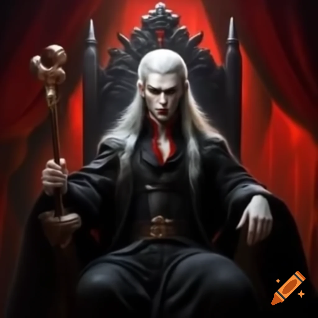 Young handsome vampire prince with long white hair and yellow eyes on throne holding scepter