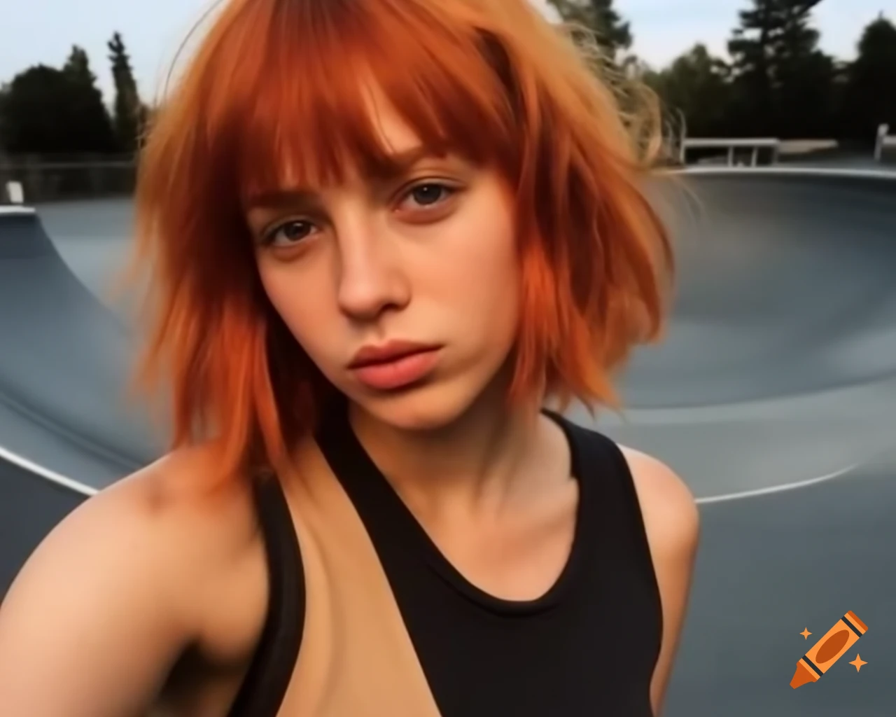Hyper-realistic selfie of French female delinquent with ginger hair in skate-park