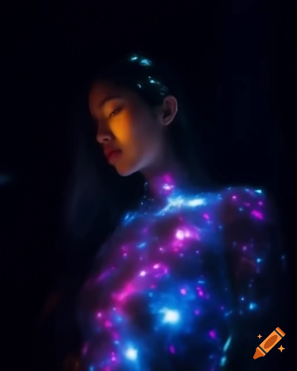 Woman in luminous galactic dress