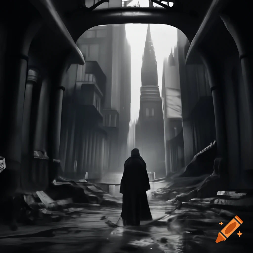 Monochromatic urban alleyway with retro-futuristic and gothic architecture