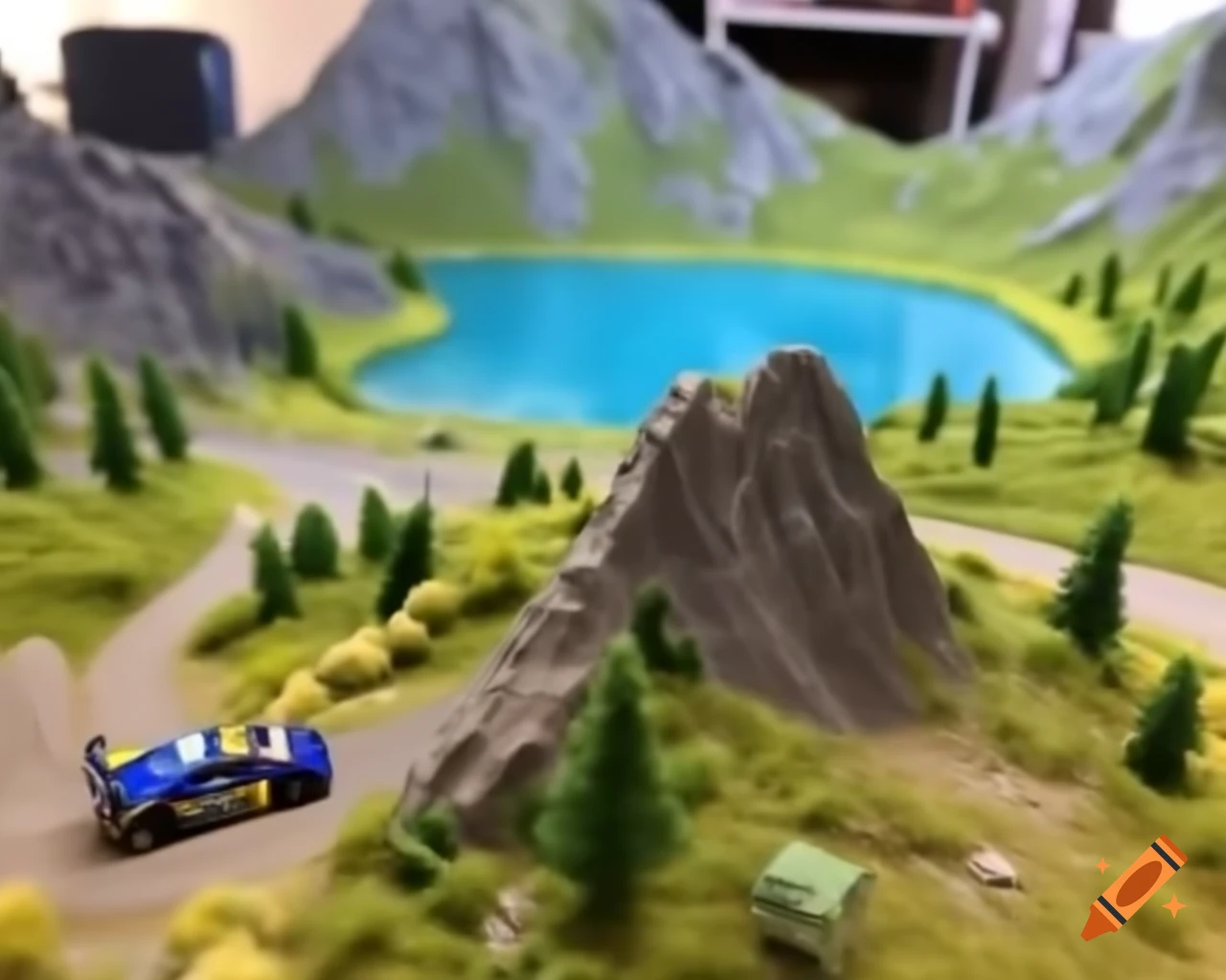 Miniature diorama of mountain lake with car rally race