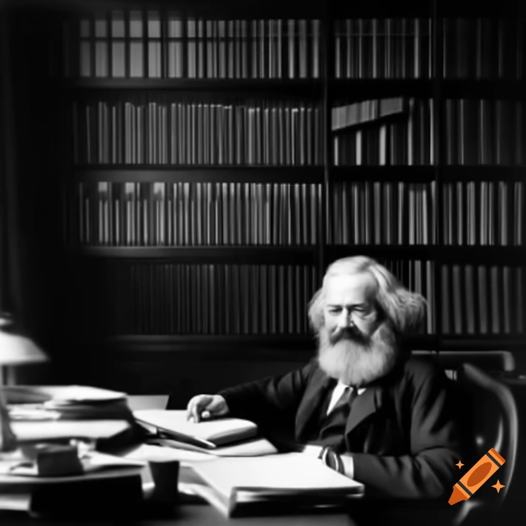 Karl Marx in his London office surrounded by books and notes