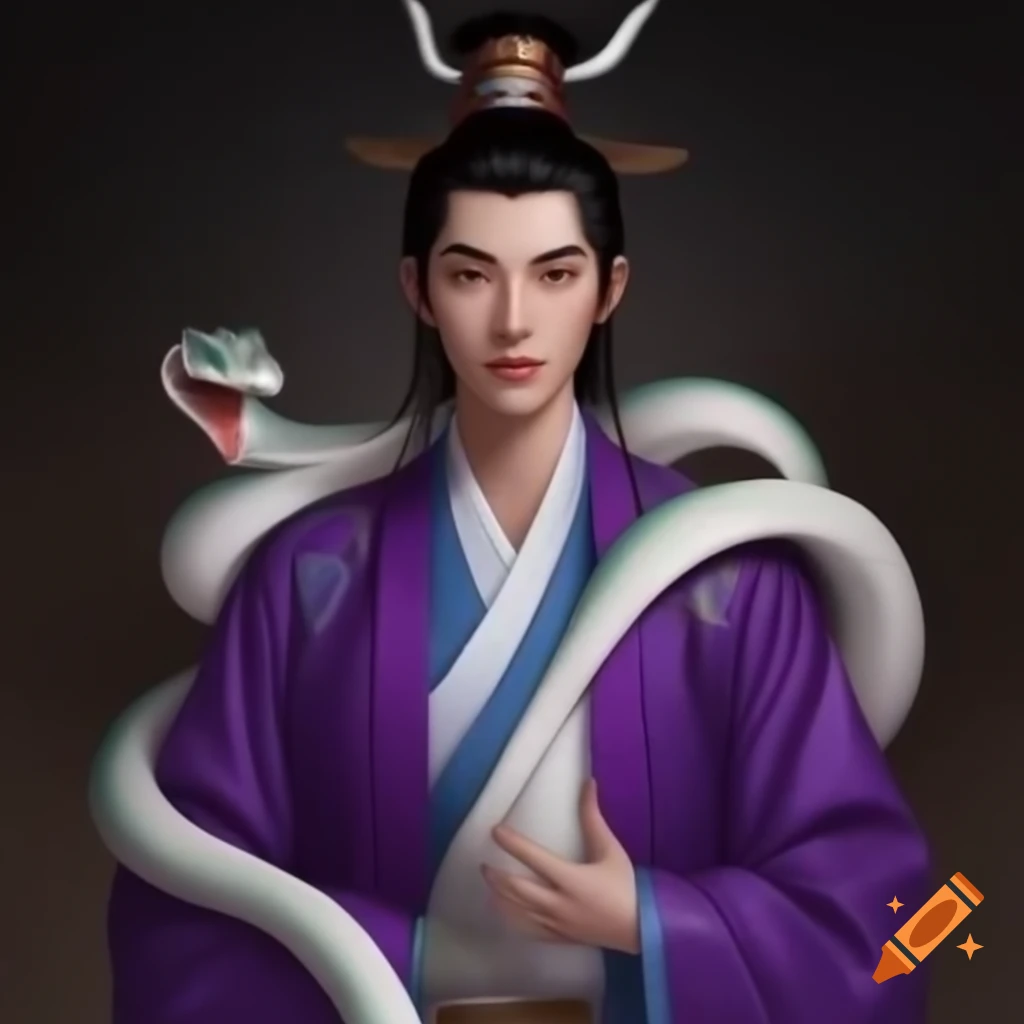 Young asian woman in chinese crown and purple suit with katana glowing