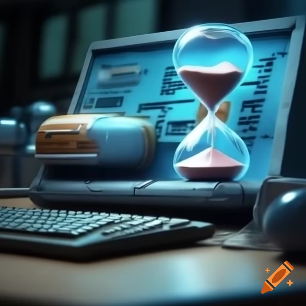 Realistic depiction of a computer with an hourglass on the screen