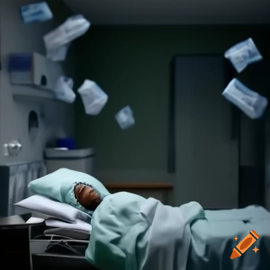 Young woman experiencing near-death experience floating above her body in a hospital setting