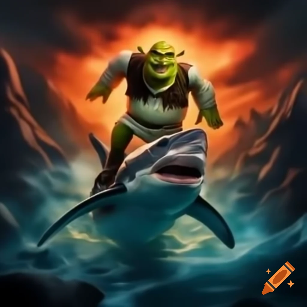 Shrek riding a robot shark inside a volcano