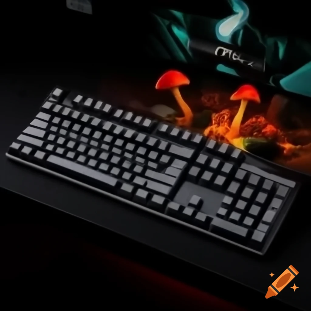 ROG Strix Flare keyboard with mushrooms growing from it
