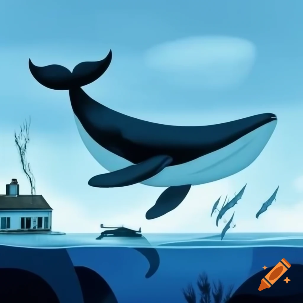 Whale floating above a cottage