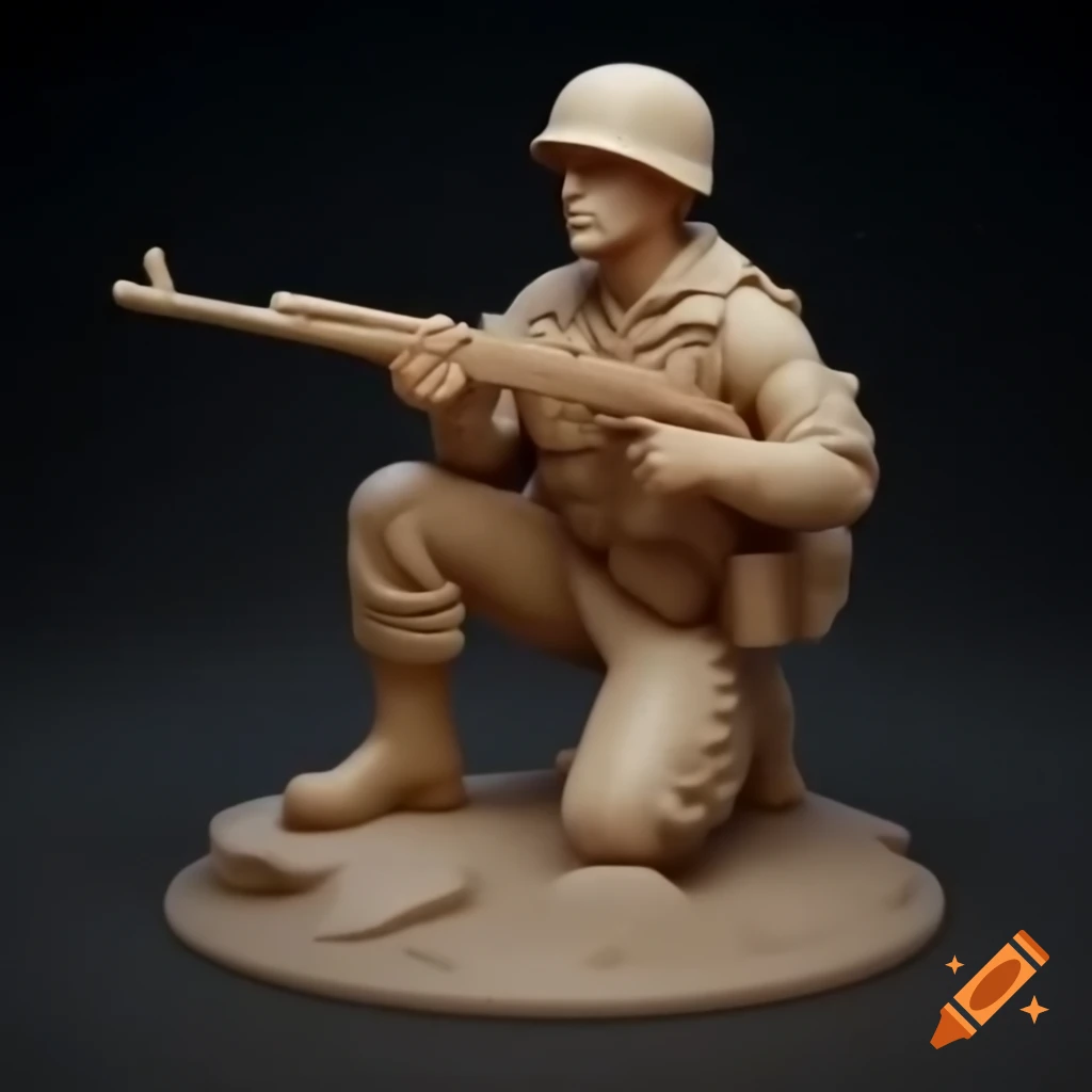 Crouching tan plastic toy soldier figurine holding a rifle