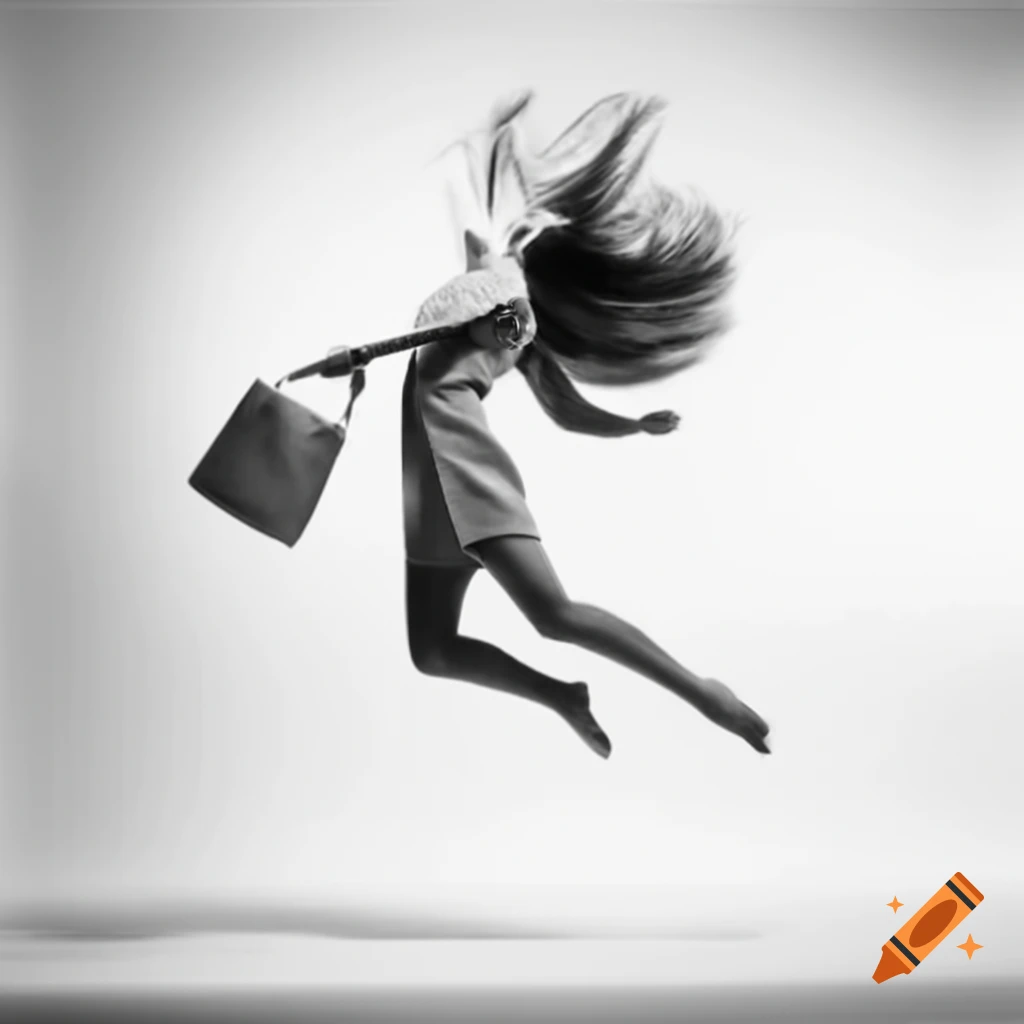 Female model jumping in white studio holding tote bag
