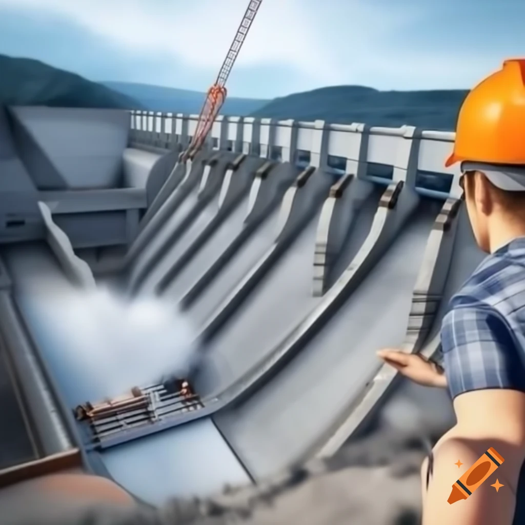 Engineer in orange helmet overseeing concrete pouring at hydroelectric dam construction site