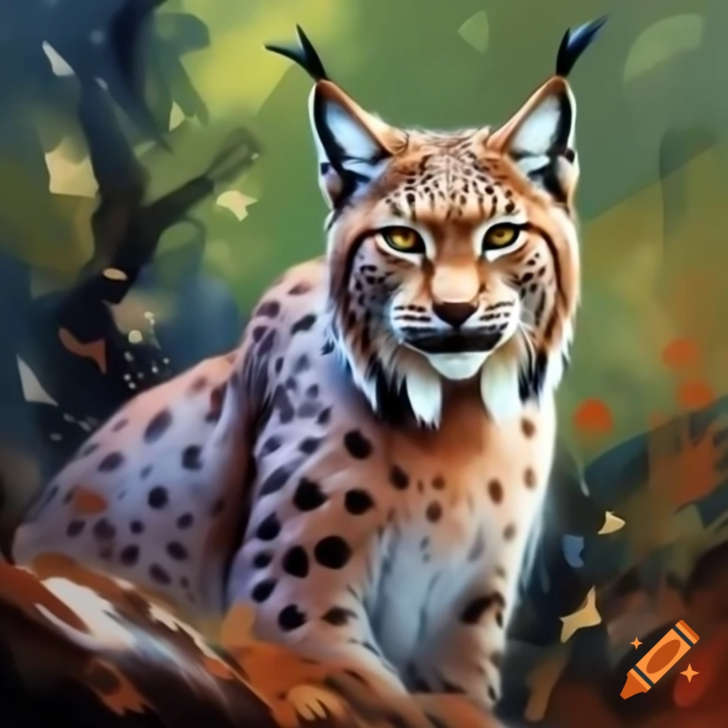 Lynx in forest habitat depicted in expressive oil painting