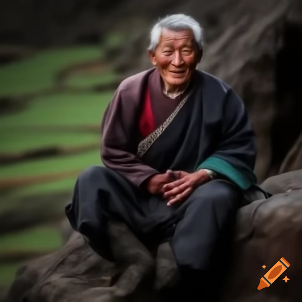 Old Tibetan man kneeling at rocky valley edge with rich green vegetation