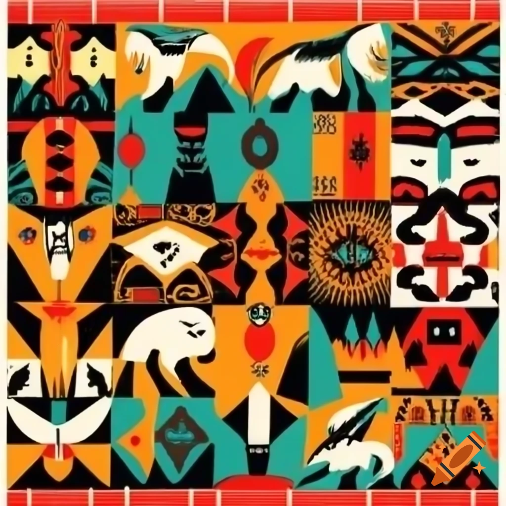 Color serigraph of Salish motifs with fantasy creatures and spirit masks inspired by Ivan Bilibin