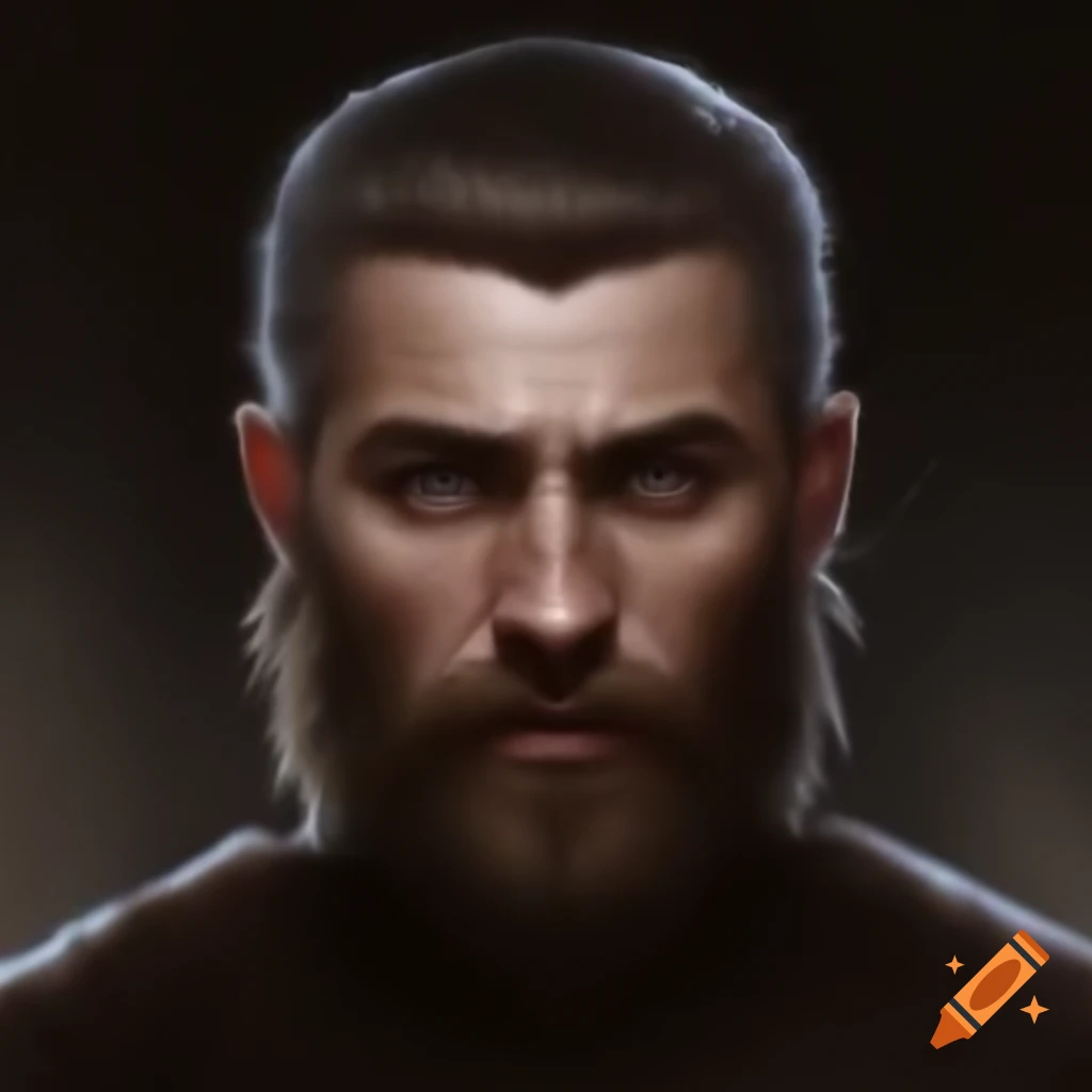 Realistic portrait of a tall, slender medieval reeve with short beard and hair
