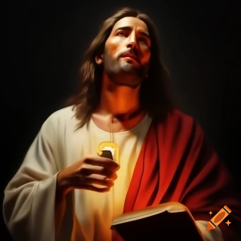 Jesus holding the Bible and a phone