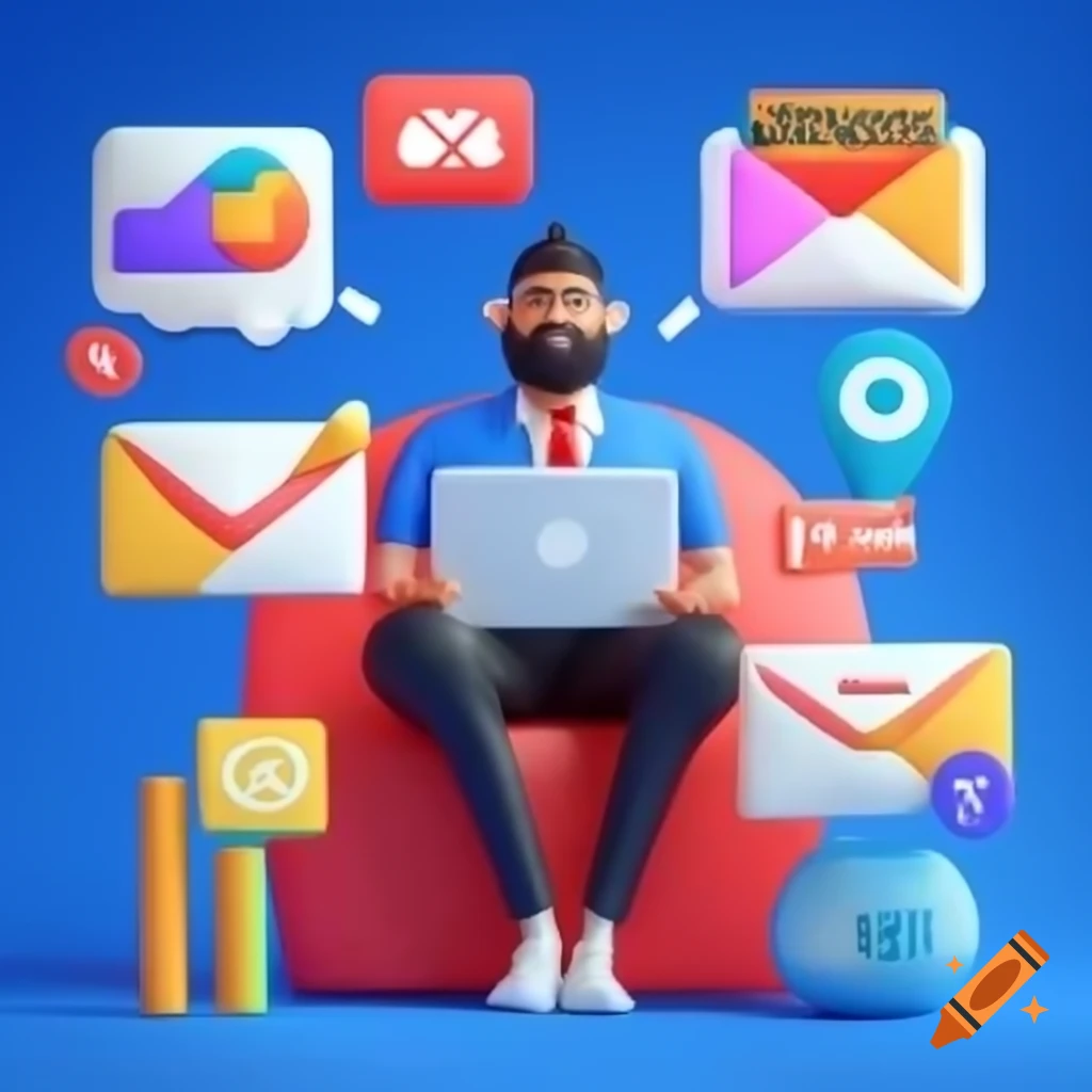 Digital marketing poster design featuring a man surrounded by email templates and social media marketing elements