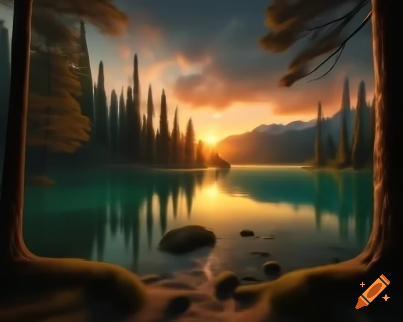Surrealistic orange monster in forest by lake at sunset with reflections