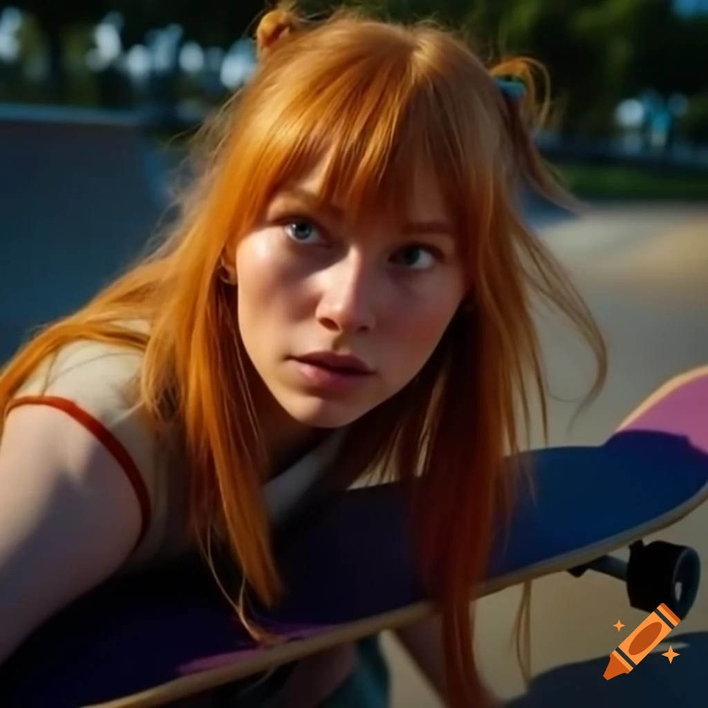 Grumpy blushing Asuka Langley on skateboard in skate-park, hyper-realistic details