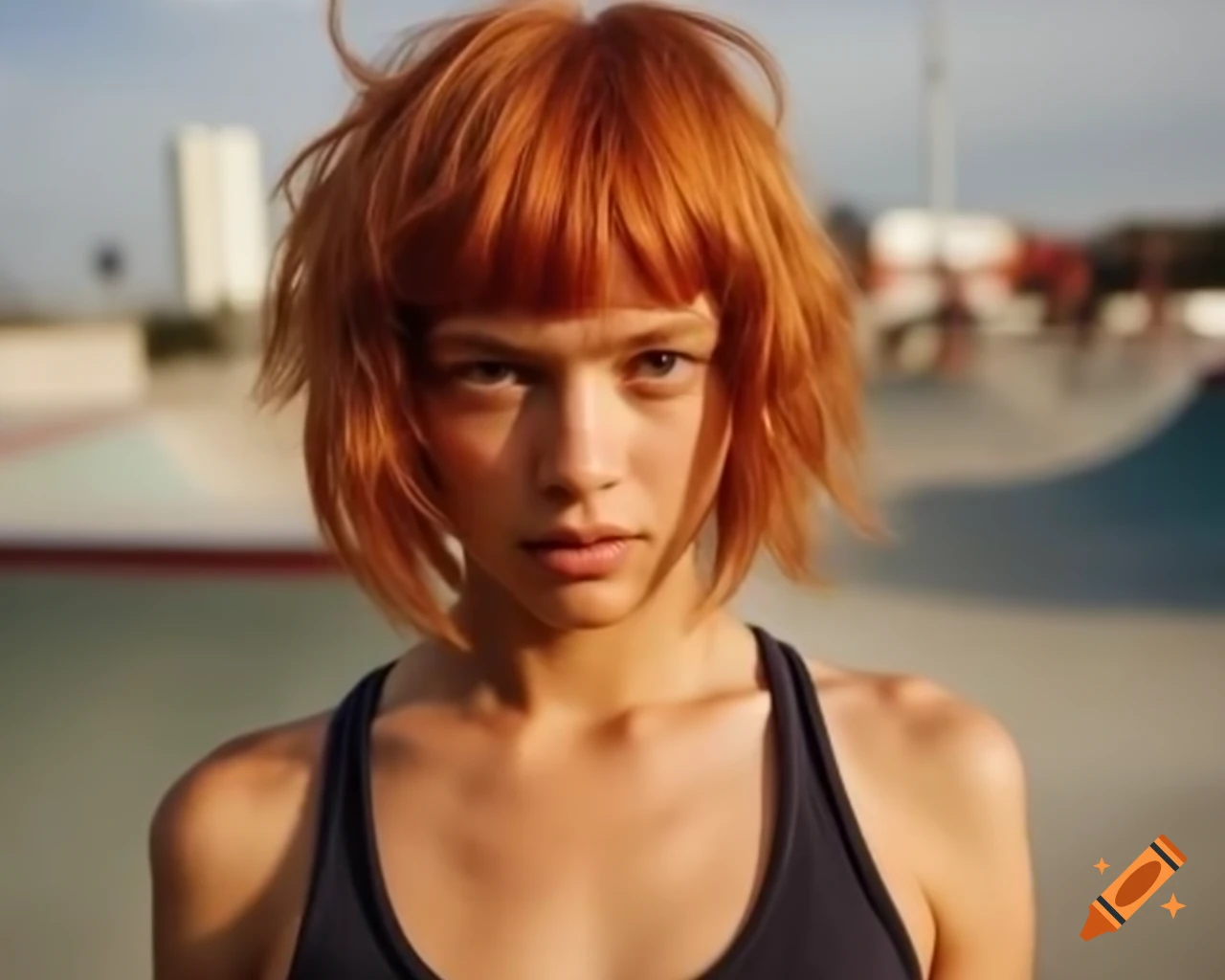 Yandere French skater with ginger hair in tank top, detailed facial features in skate park