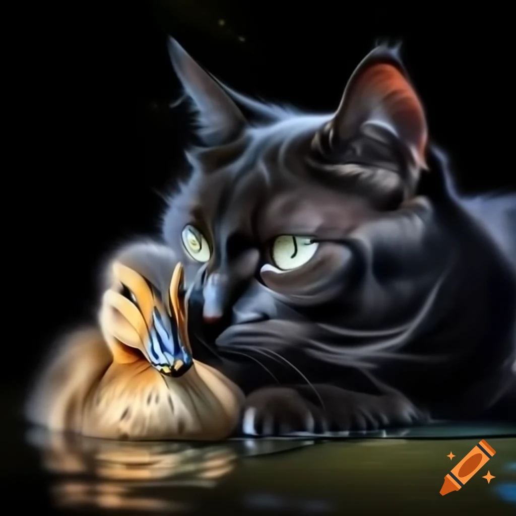 Black cat snuggling with a duckling