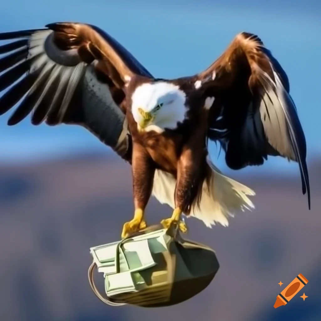 Eagle flying with money bag in its claws