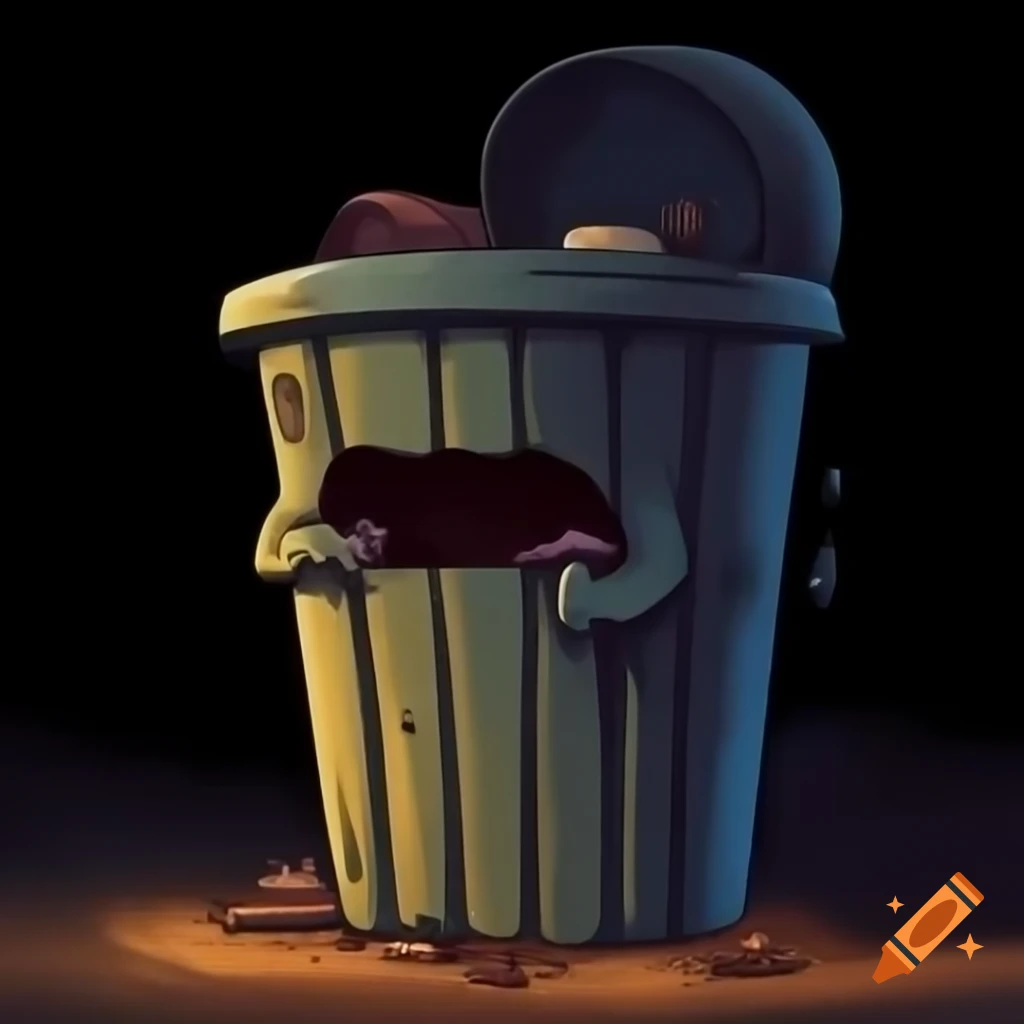 Anthropomorphized trash can with sad eyes made from apple and soda can