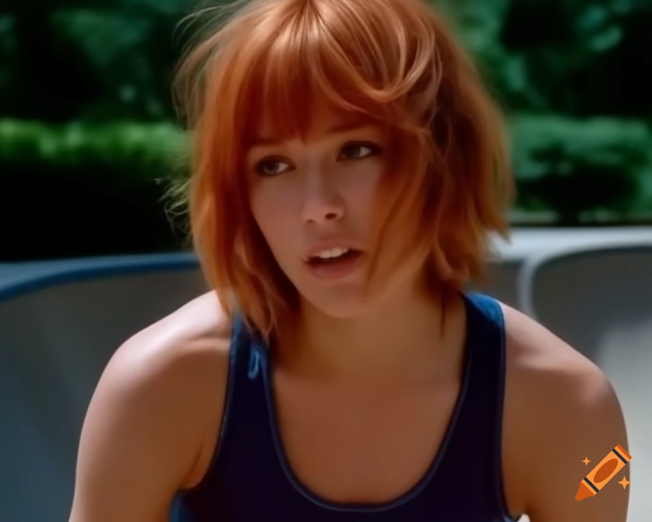 Hyper-realistic portrait of a French female skater with ginger hair in skate park
