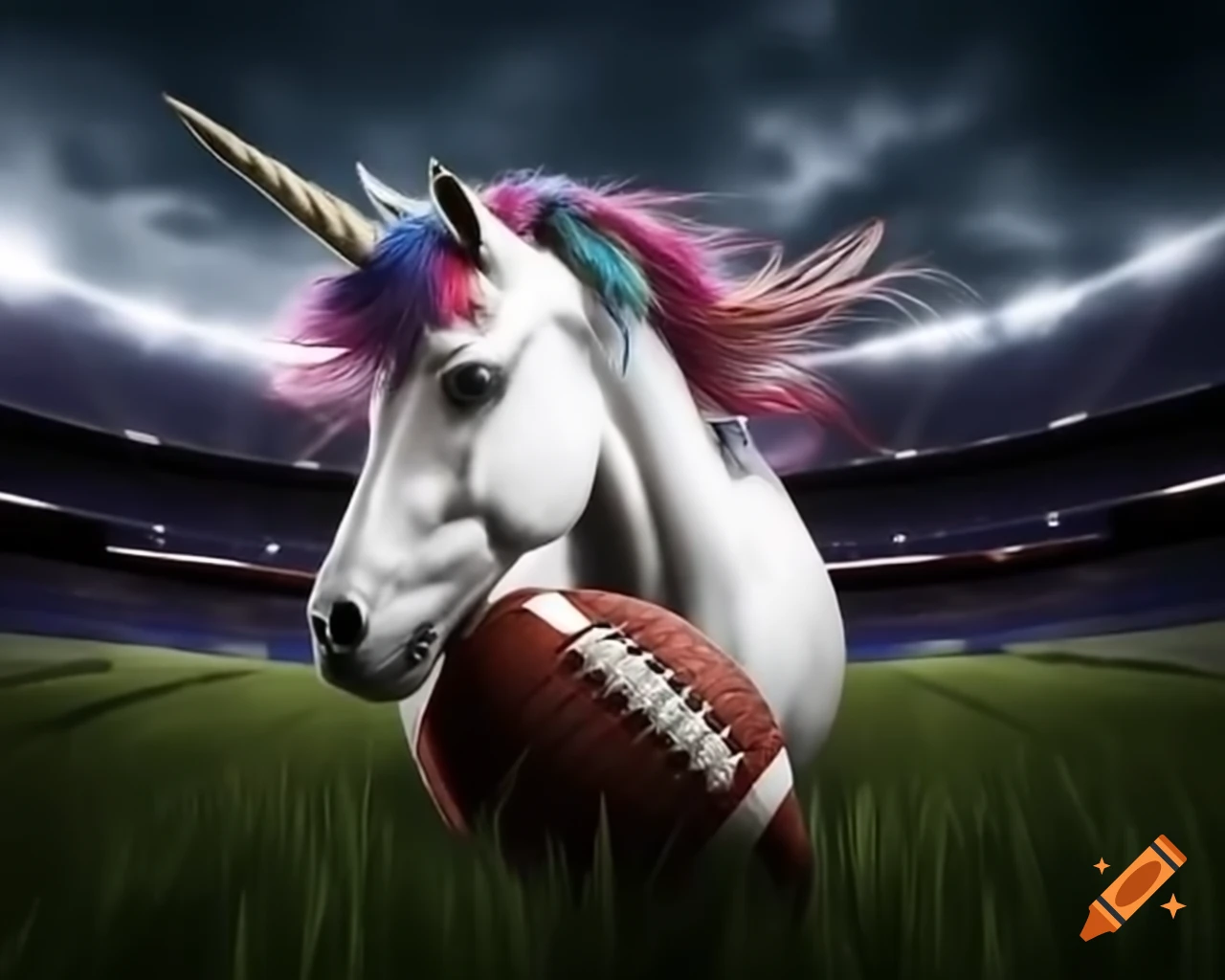 Fierce unicorn holding American football in stadium setting