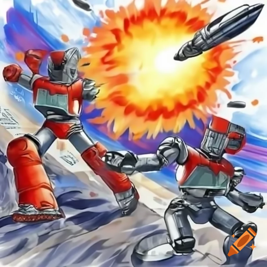 Close-up of intense robot battle with explosion of fire, emphasizing action and atmosphere