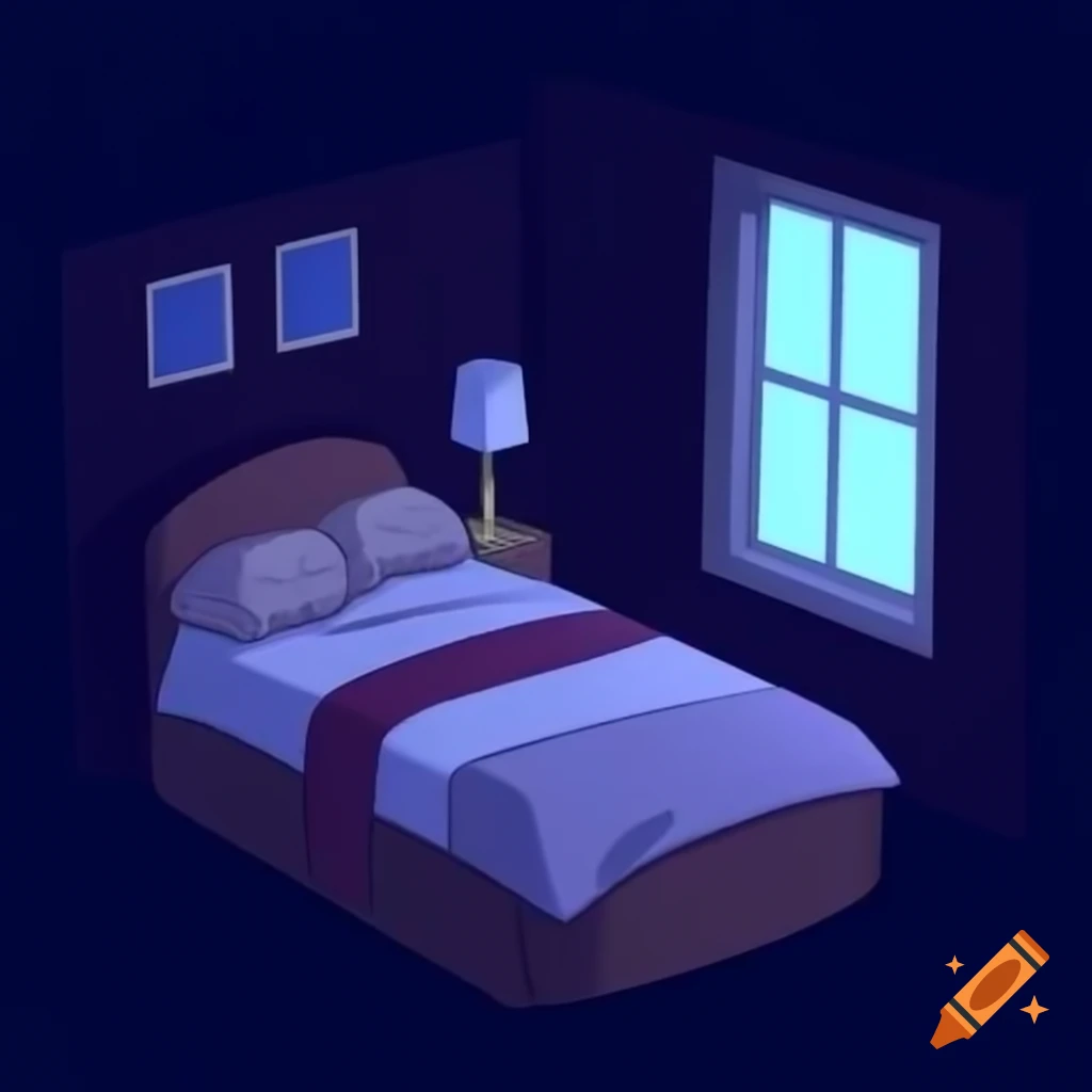 Pixel art of a bedroom at night with a bedside lamp and window