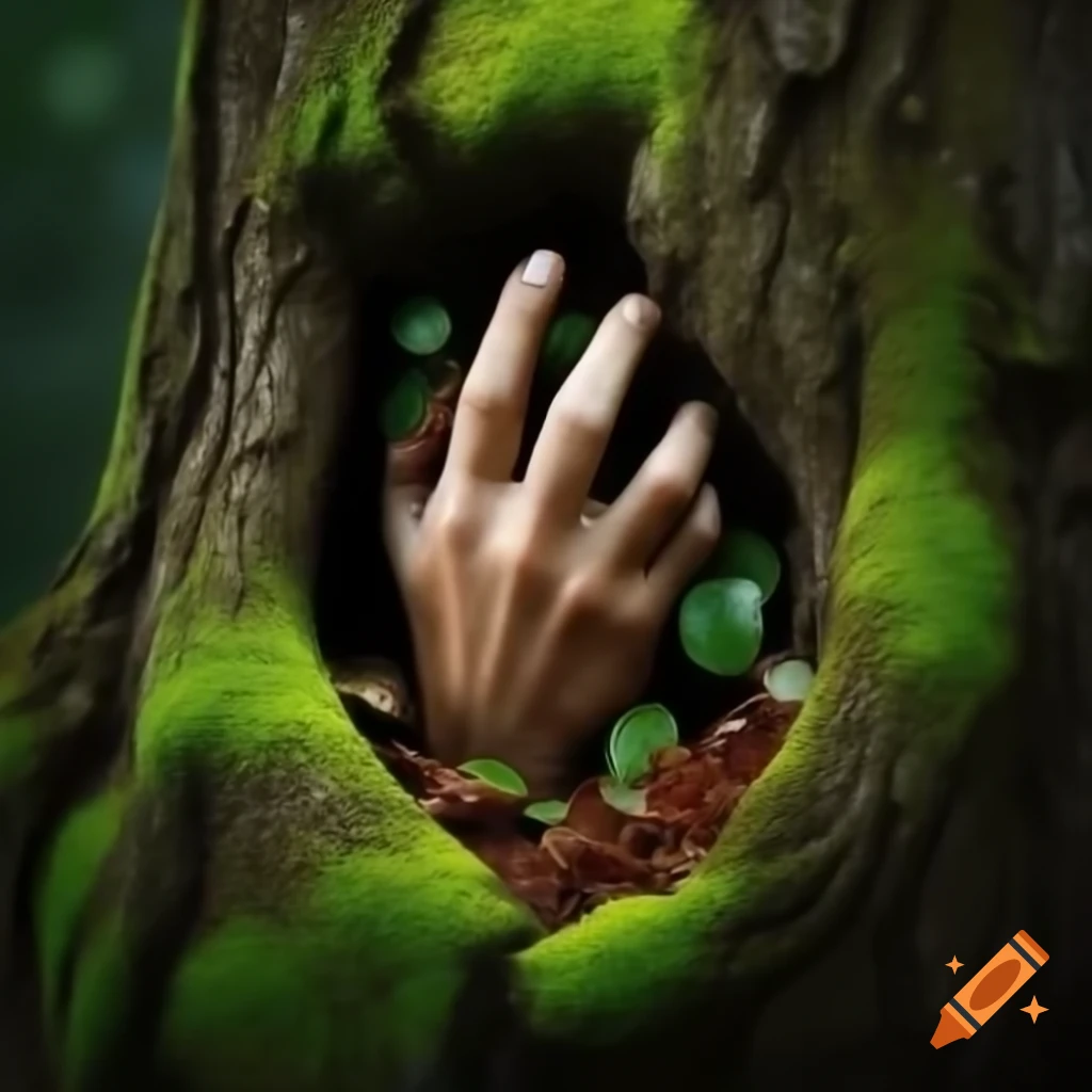 Hand emerging from moss-covered tree trunk