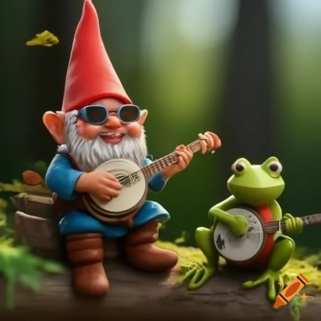 Gnome with harmonica and frog with banjo sitting on log