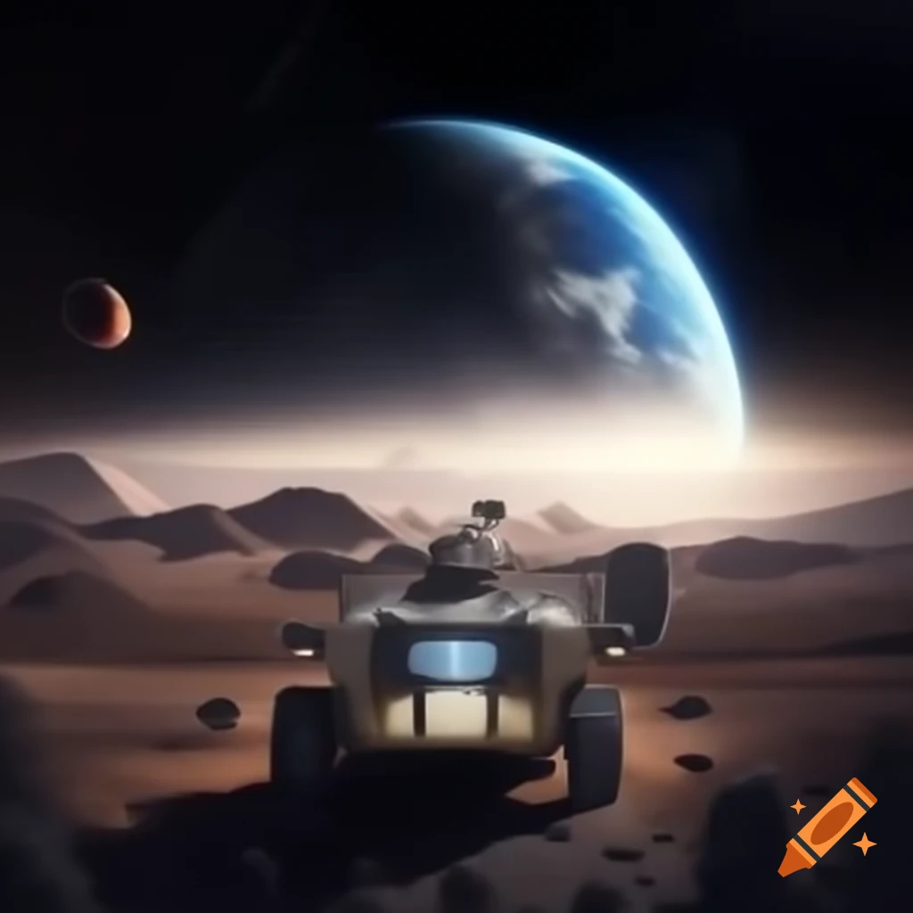 Realistic image of Mars with Curiosity rover and SpaceX Starship launch pads in background