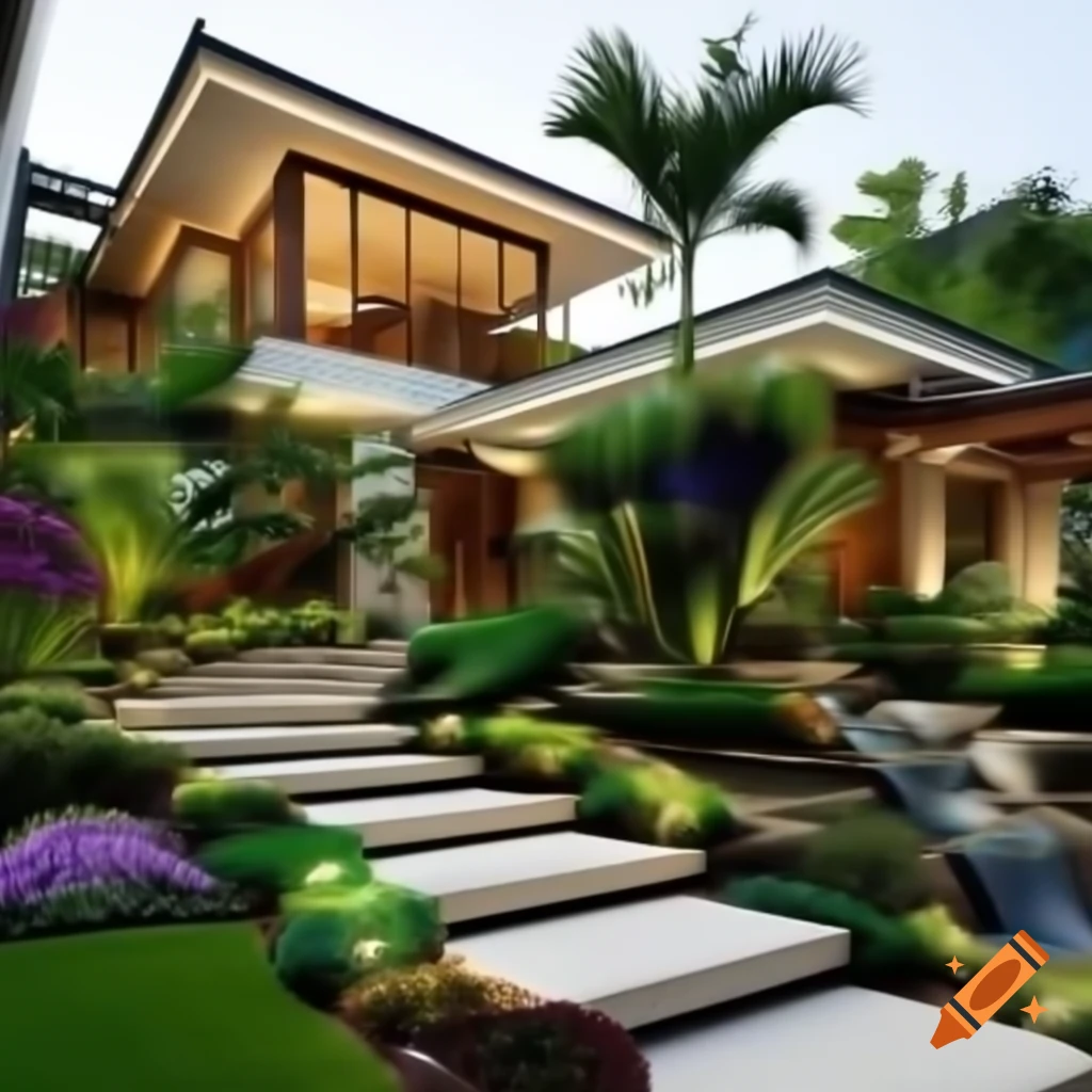 Modern architectural house with tropical landscaping and garden features