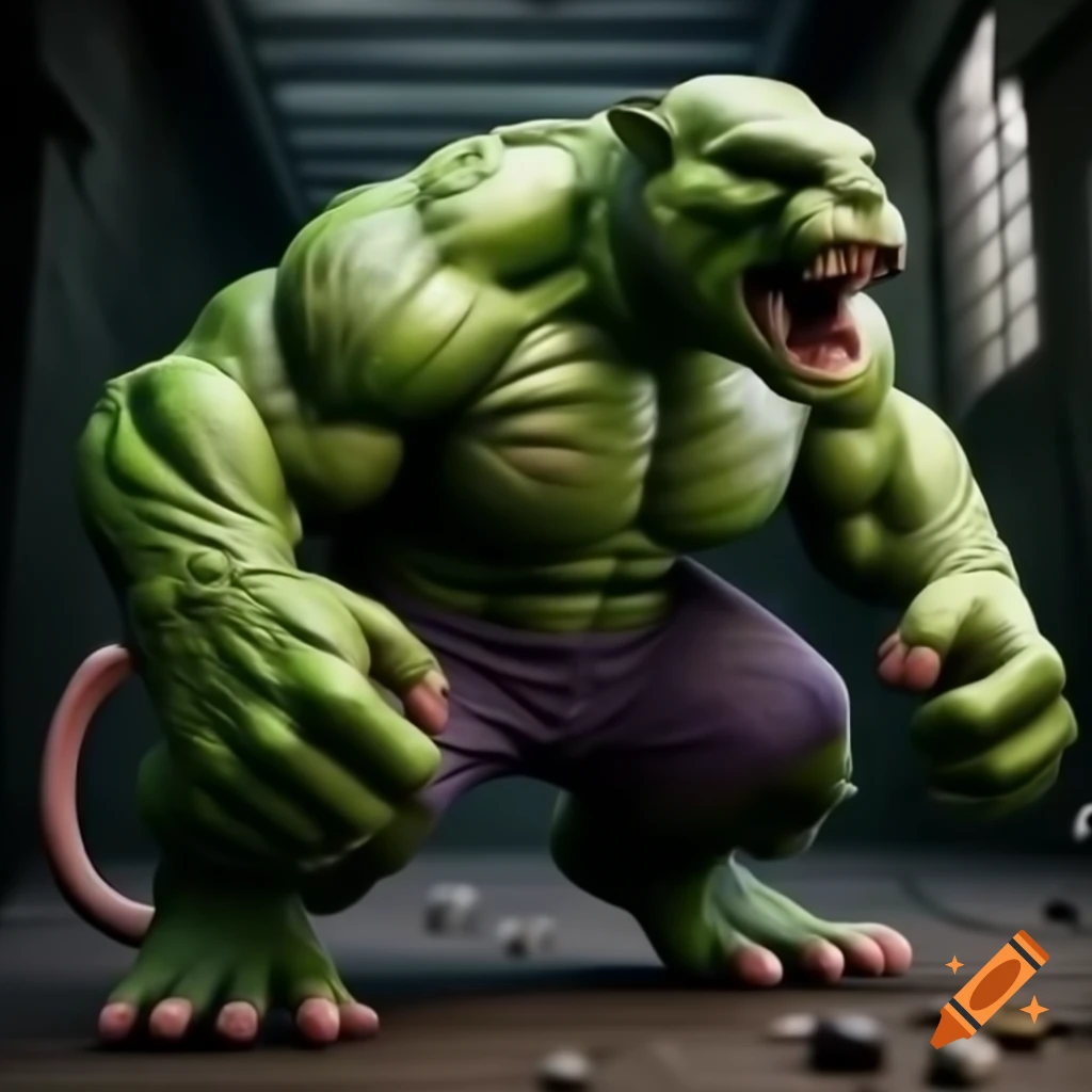 AI-generated scene of bodybuilder rats and Hulk fighting in a realistic war setting