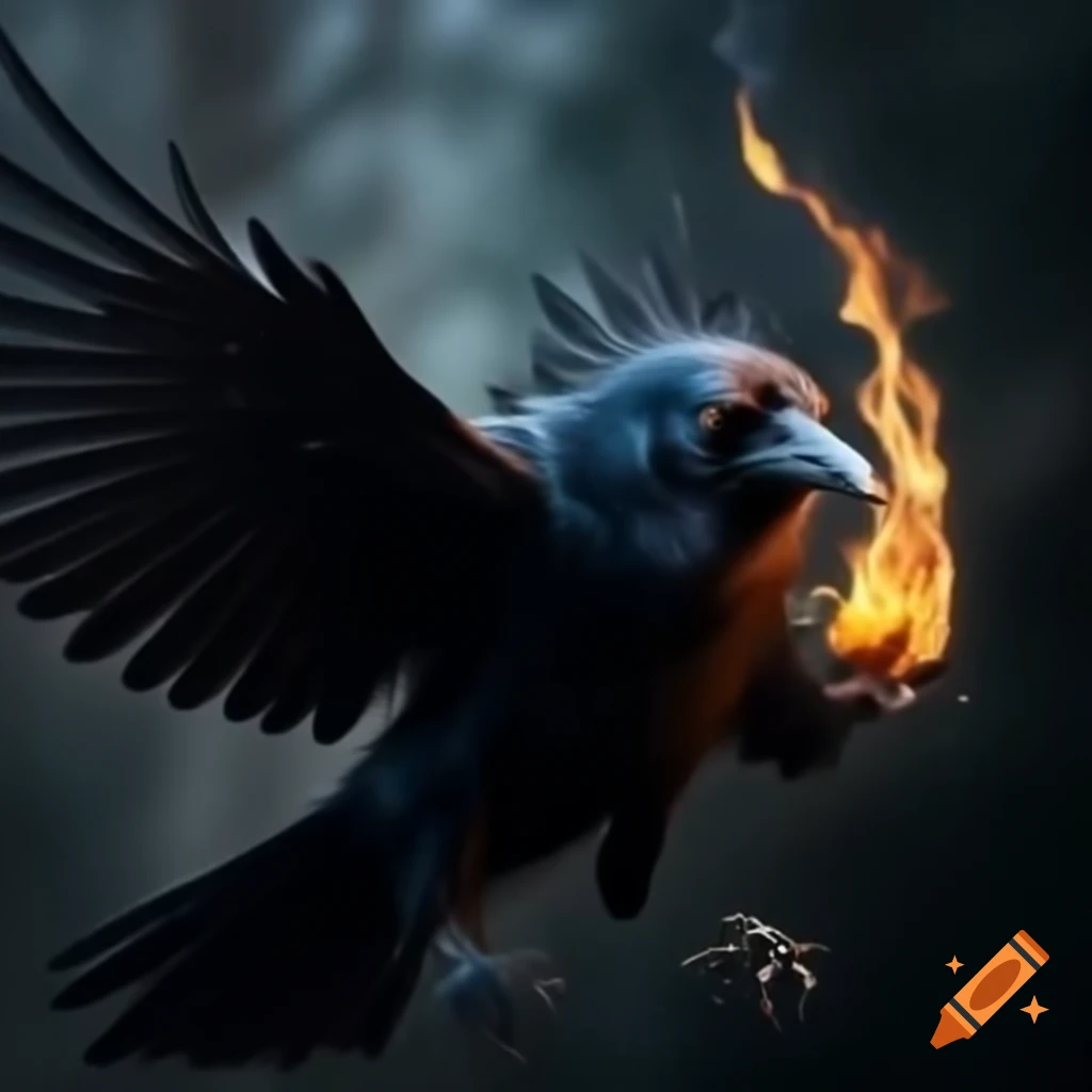 Crow flying with burning twig in beak