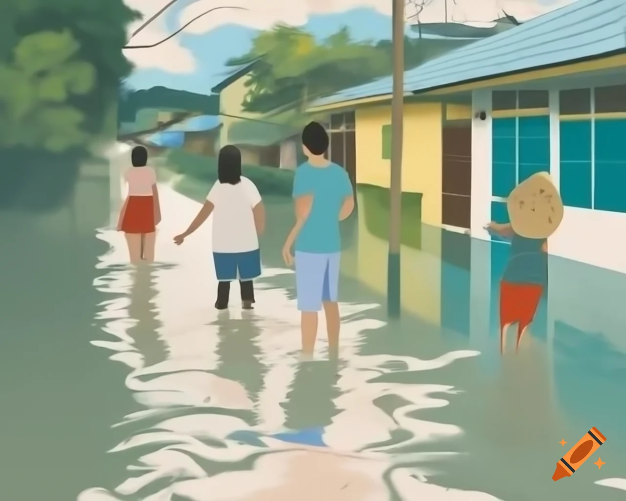 Simple 2D drawing depicting flooding in the Philippines