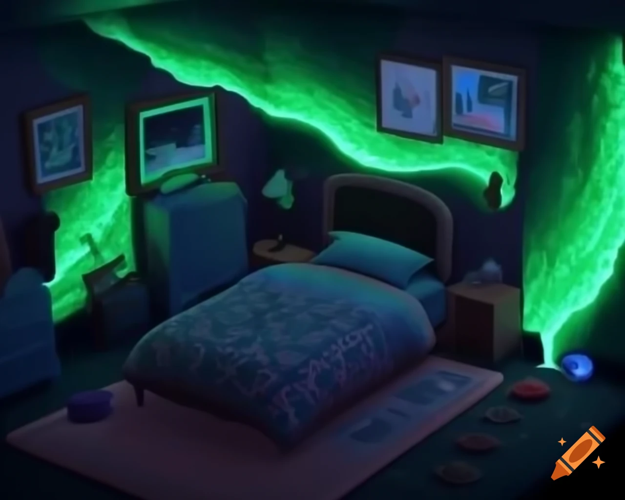 Animal Crossing bedroom with northern lights theme