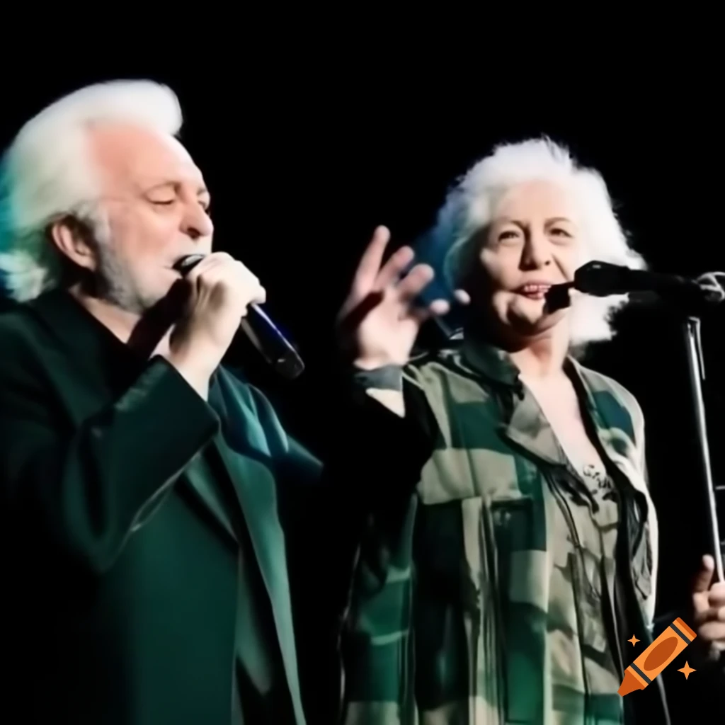 White haired man and woman singing on stage with microphones