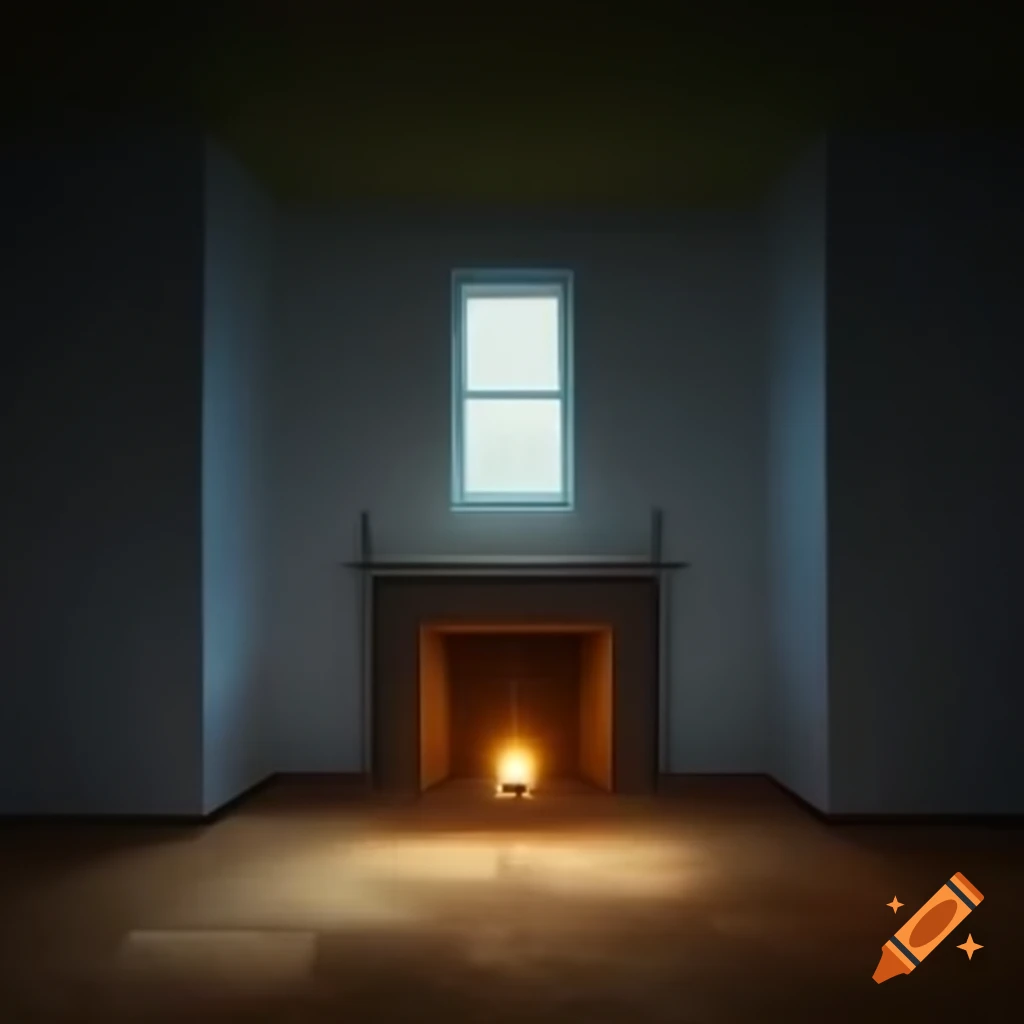 Empty room with minimal necessities and a single fireplace providing light