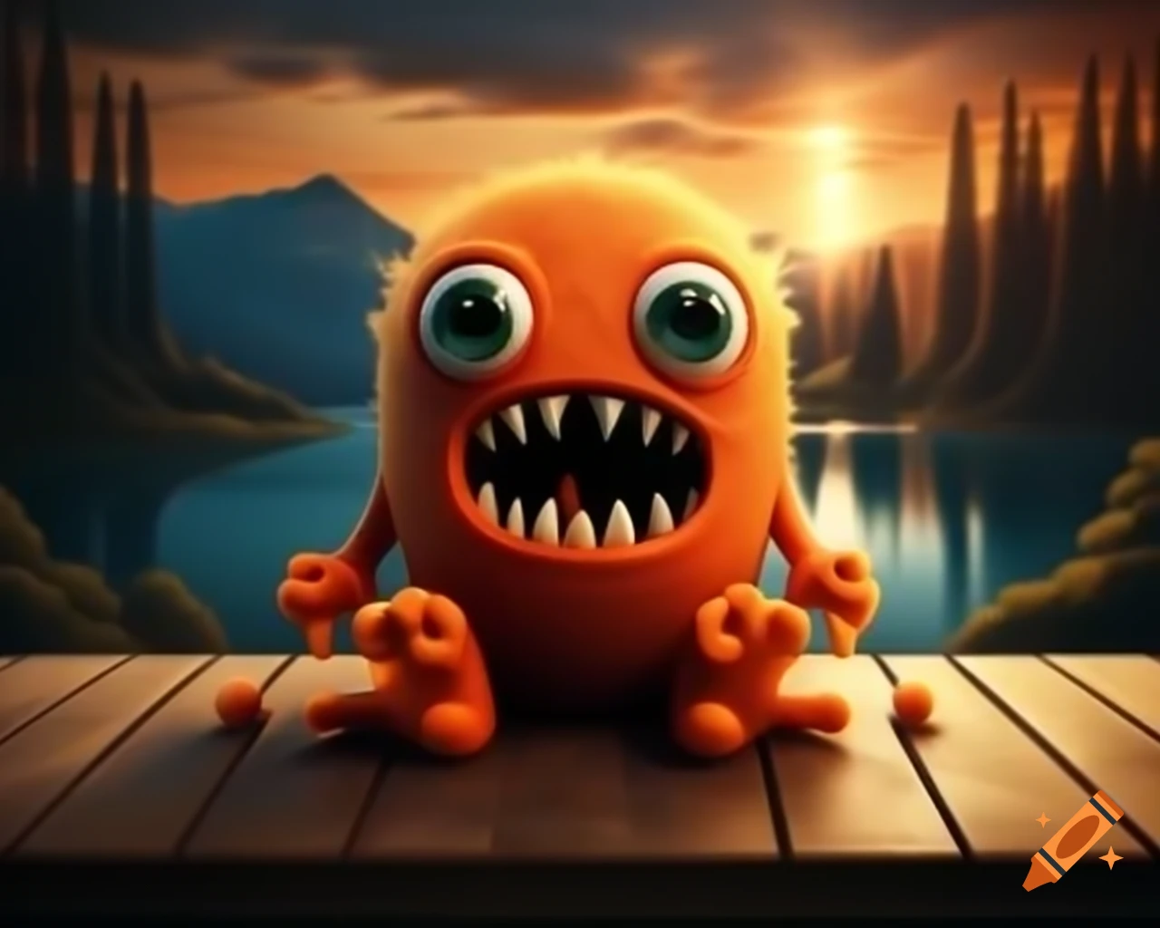 Photorealistic orange monster with human face sitting on wooden table in forest