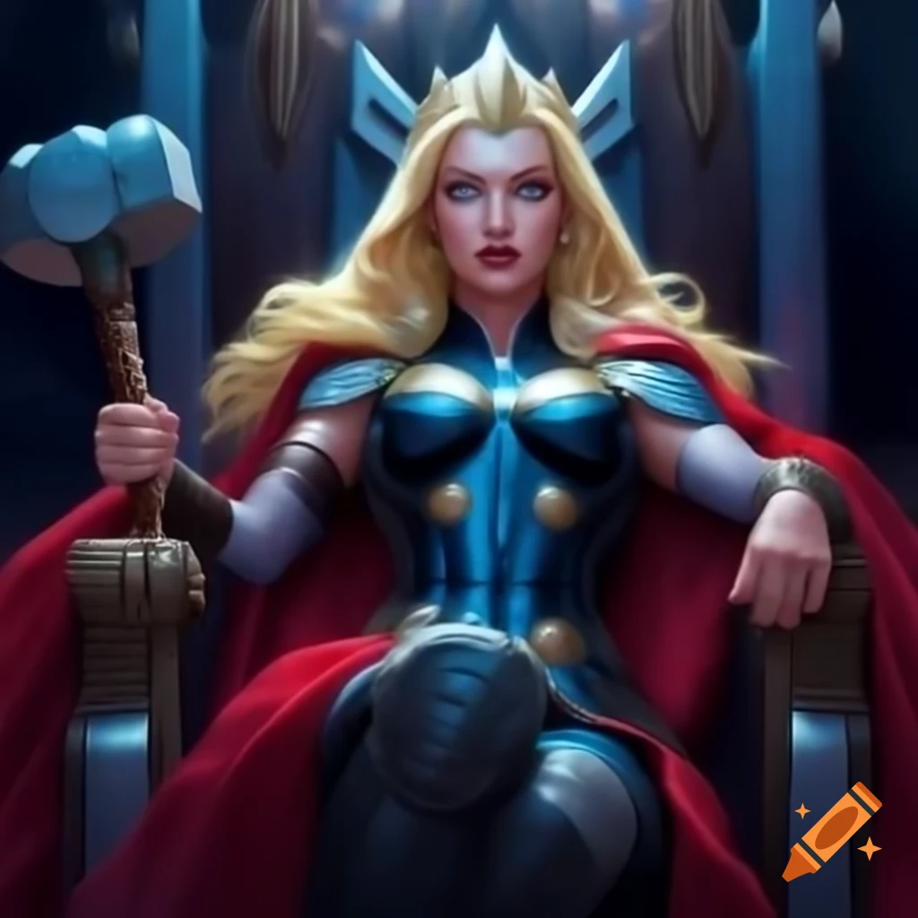 Woman with blonde hair and blue eyes in queen attire holding Thor's hammer on throne