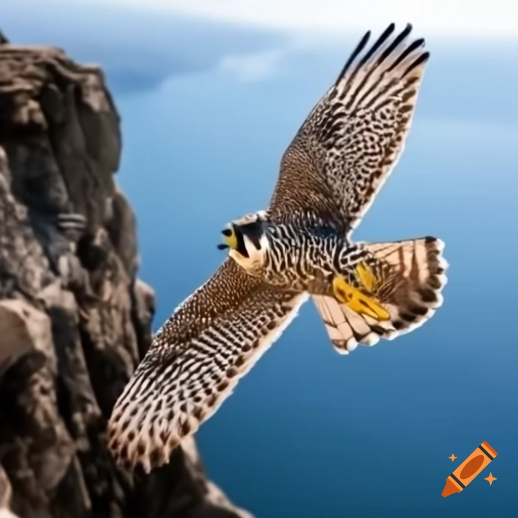 Peregrine falcon in flight over a cliff