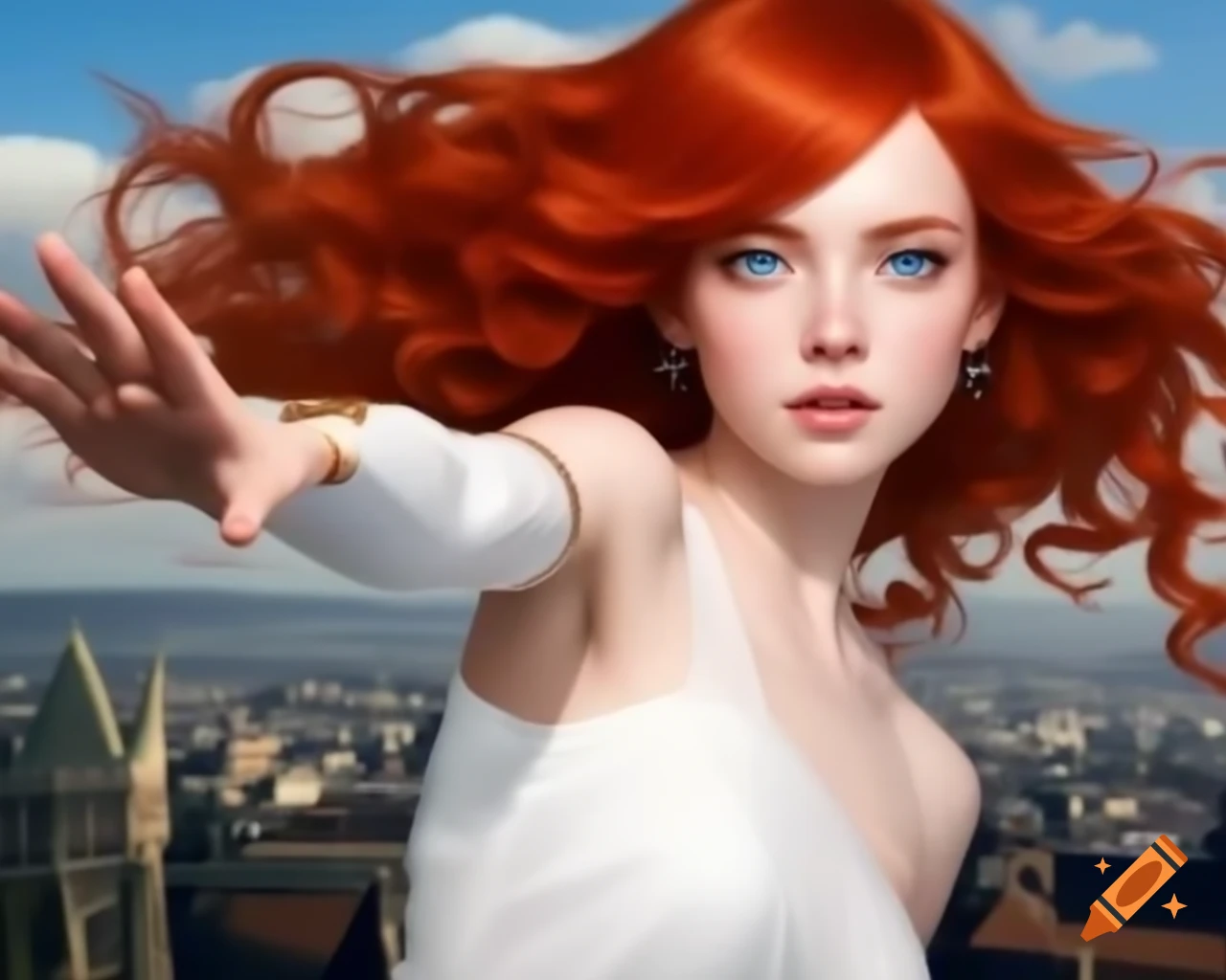 Redhead in white dress with flowing hair and blue eye in Rivendell backdrop