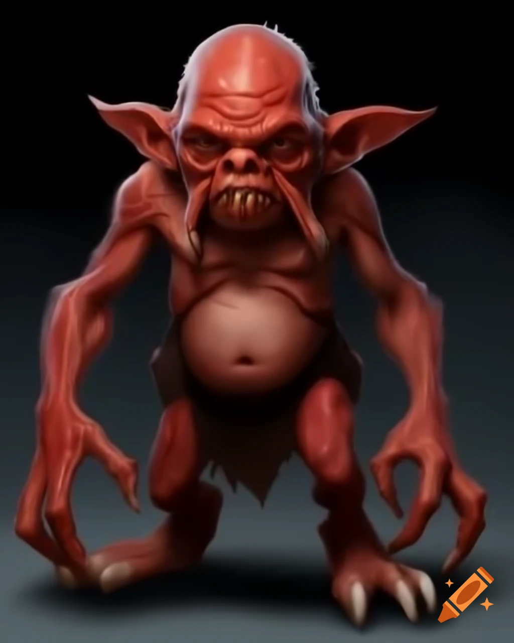 Realistic character sheet of a demon with alien features, large nose, and red skin