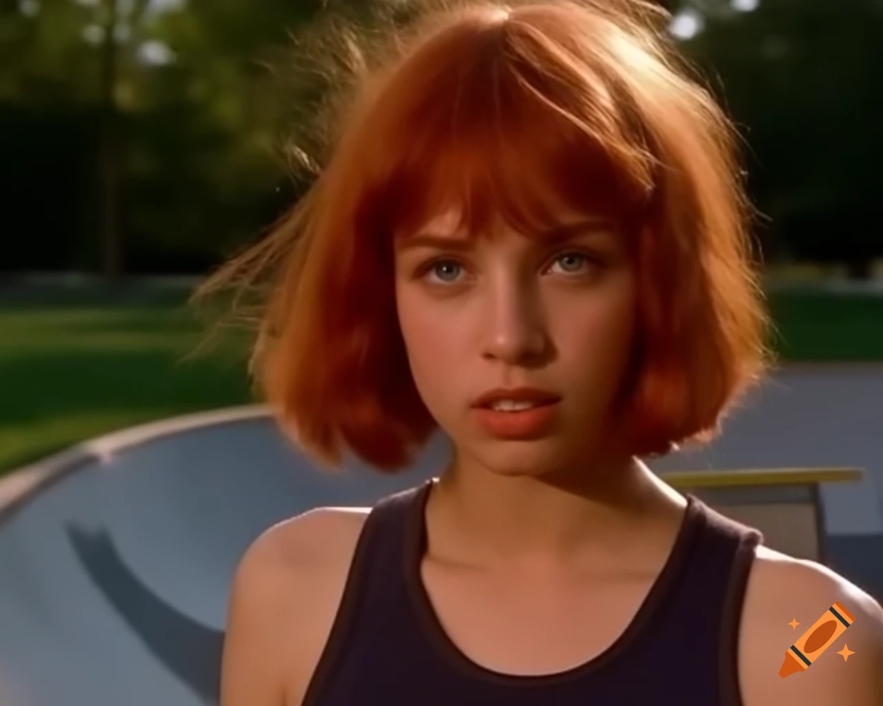 Hyper-realistic depiction of a yandere style skater with ginger hair in a skate-park
