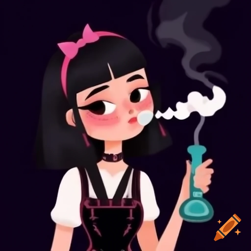 Goth girl relaxing with a bong